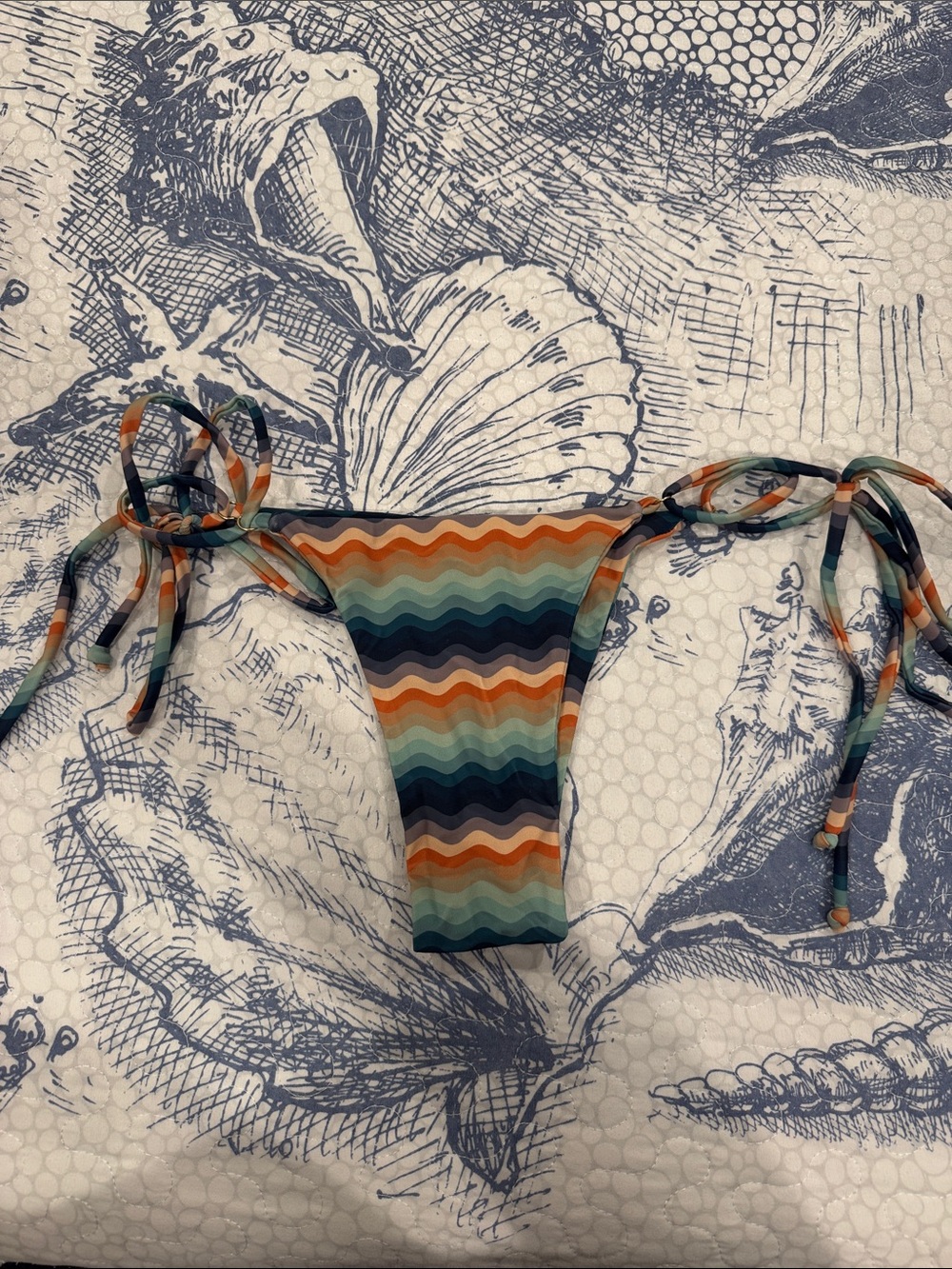 Kulani Kinis Wave Stripe Tie-Side Bikini Bottom in Orange, Teal, Navy